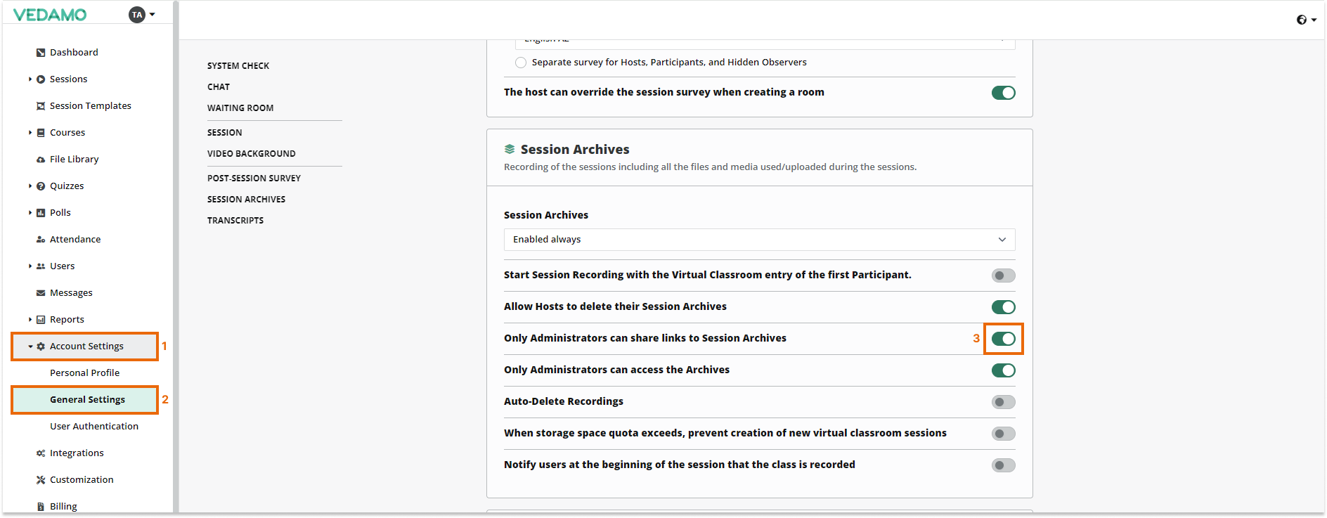Interactive recordings: Only admins can share the session archive links