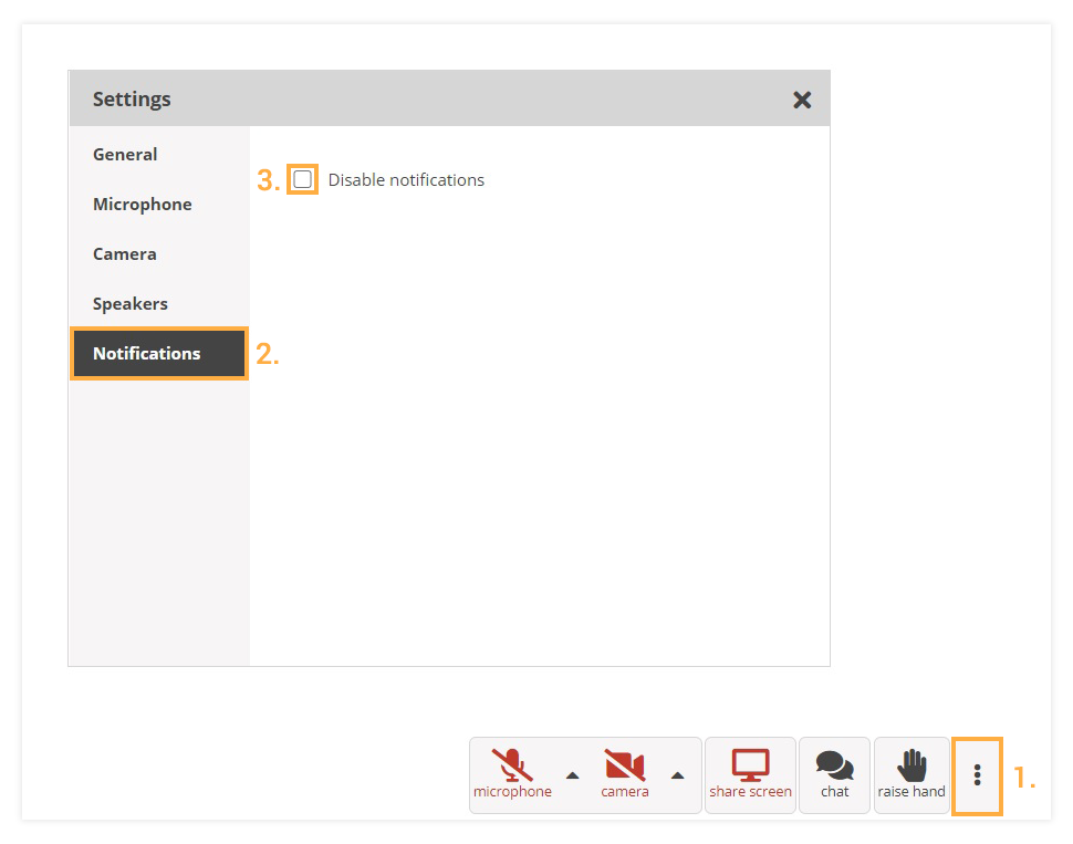 Participant Controls in the Virtual Classroom: The Participants can disable all notifications from their side Participant Controls in the Virtual Classroom: The Participants can disable all notifications from their side