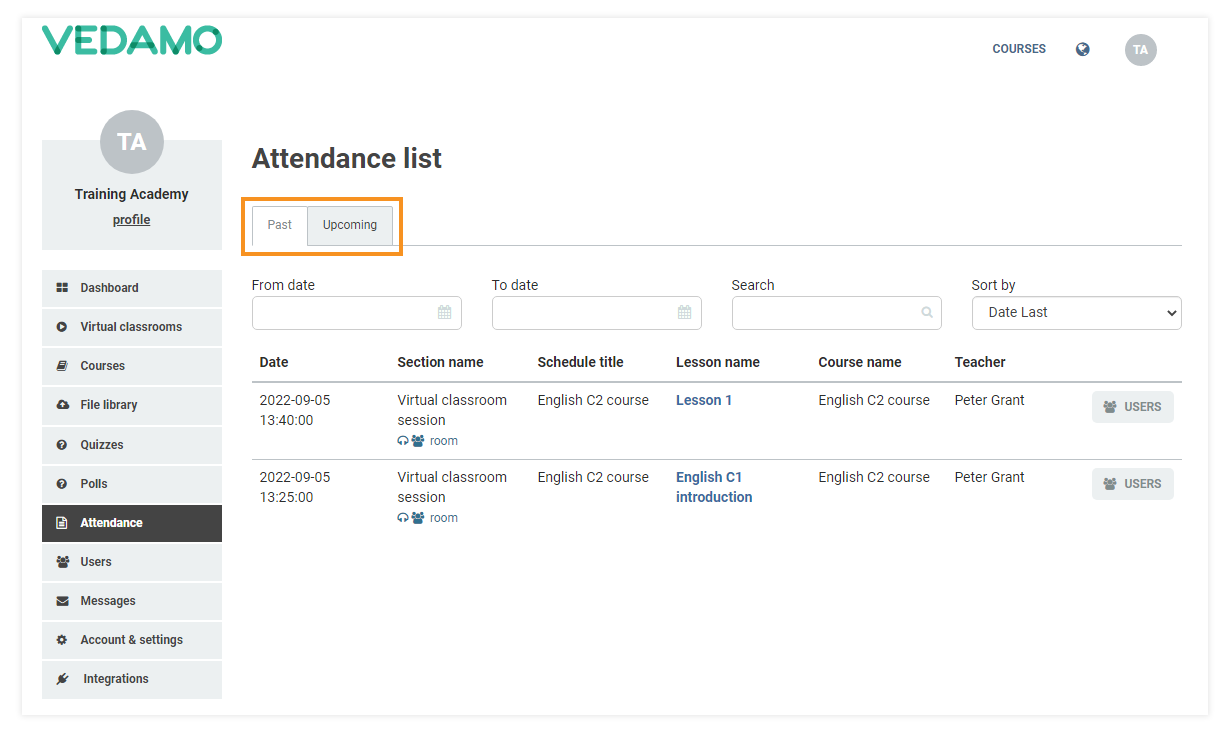 LMS Attendance Report: Past and upcoming sessions