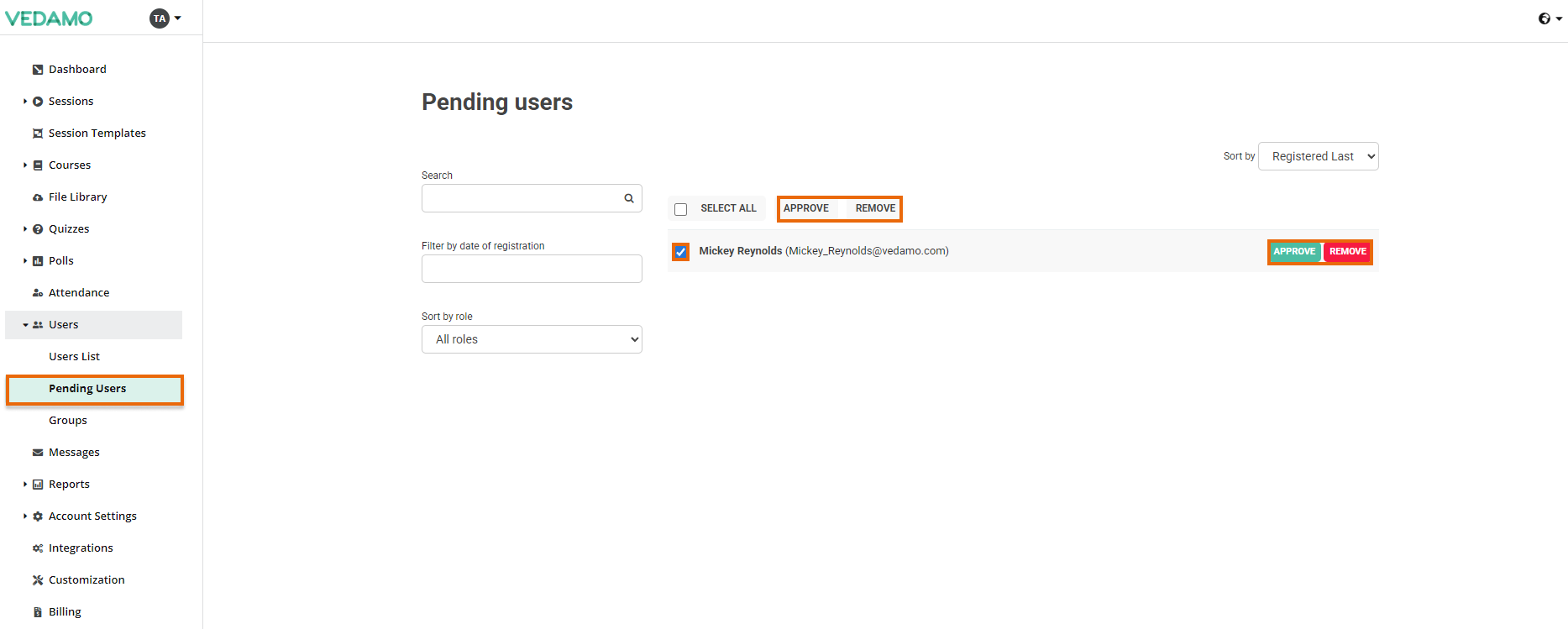 LMS Account and Settings - General Settings: User approval