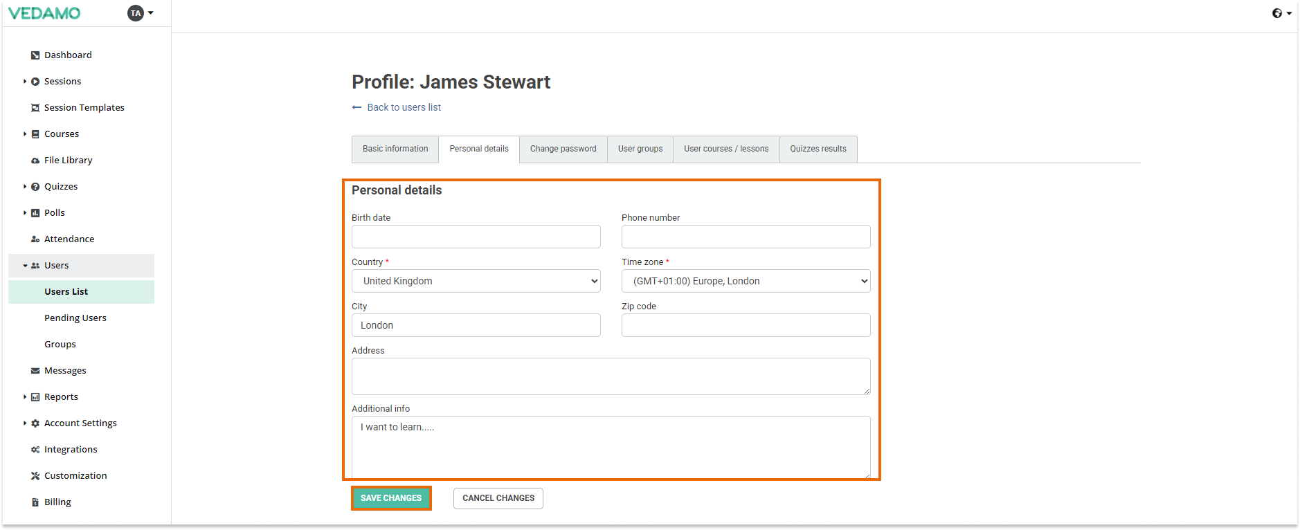 LMS Users administration LMS Users administration: Personal details