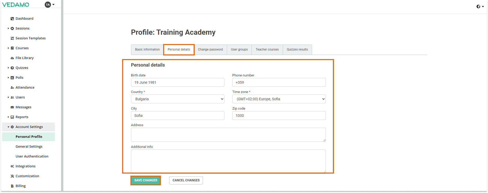LMS Account and Settings: Specifying additional details like birth date, city, telephone and address in the LMS account and settings page is optional