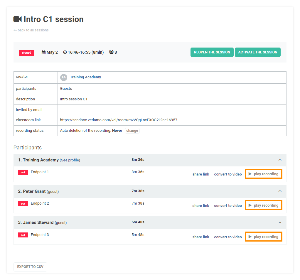 Virtual Classrooms menu: Click on the title of the room to see the session details