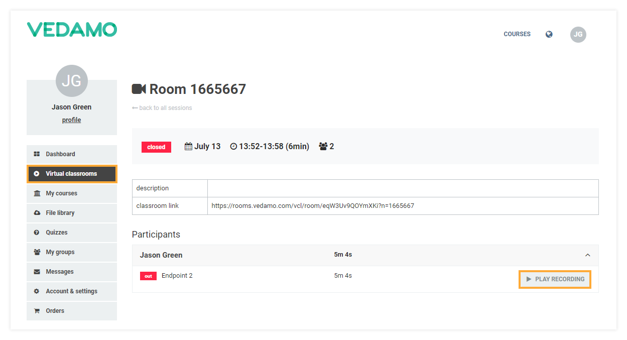 Stand-alone Virtual Classrooms in the LMS Stand-alone Virtual Classrooms in the LMS: Students (user role) have access to the recordings only from their point of view