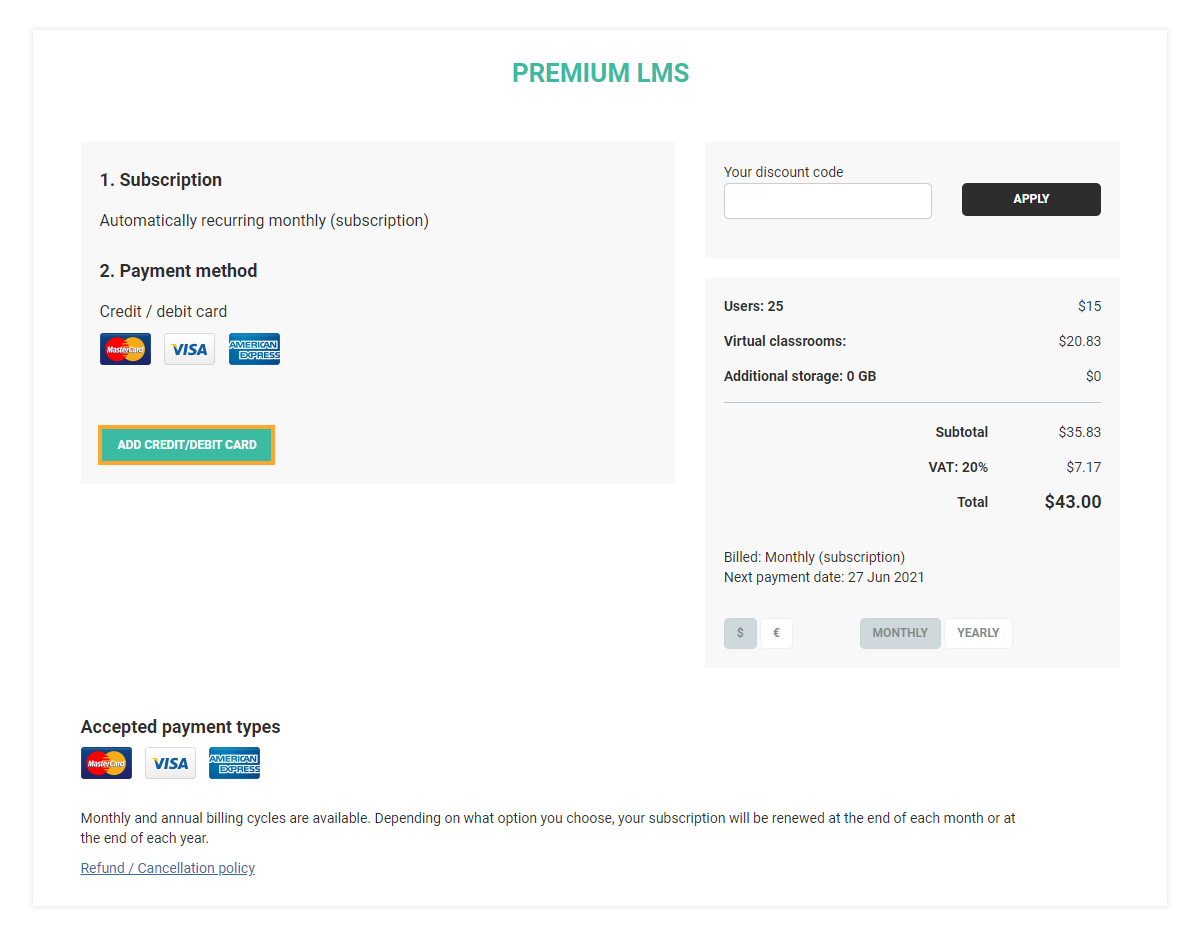 Premium LMS adding a bank card button