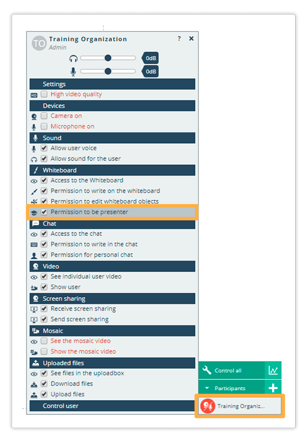 Presentation mode in the Virtual Classroom This is how the User Permissions Panel looks like