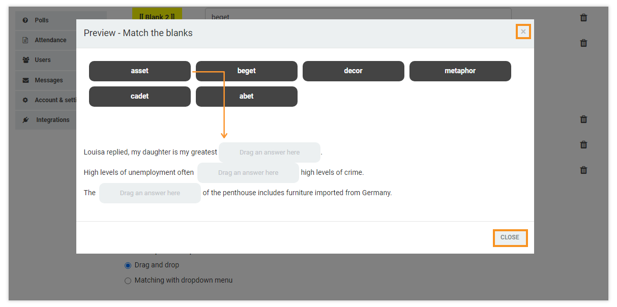 LMS Quizzes - Creation and Settings: Preview mode (drag and drop)