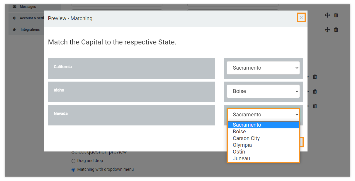 LMS Quizzes - Creation and Settings: Preview mode - Preview mode (Matching with dropdown menu)