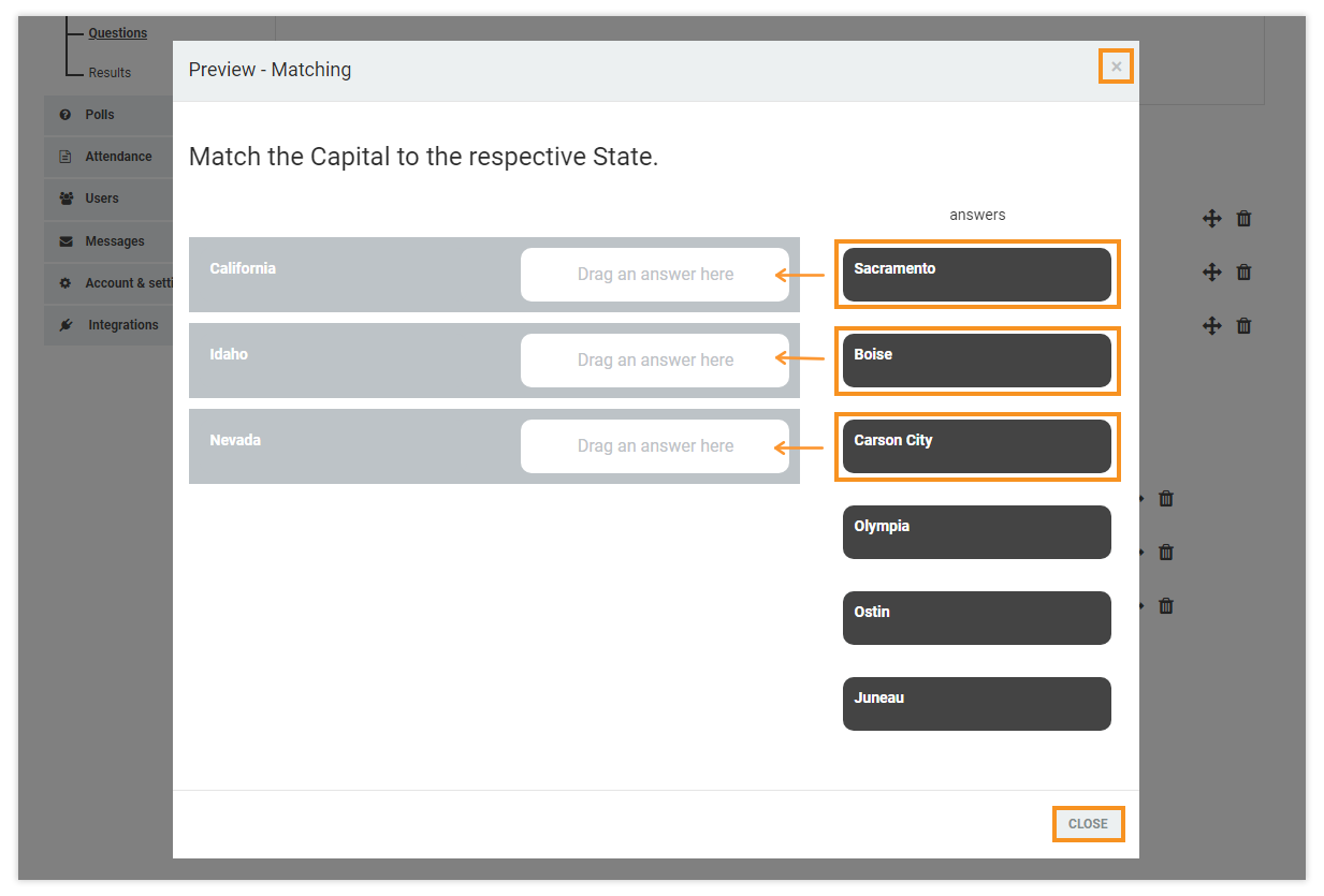 LMS Quizzes - Creation and Settings: Matching questions - Preview mode (drag and drop)