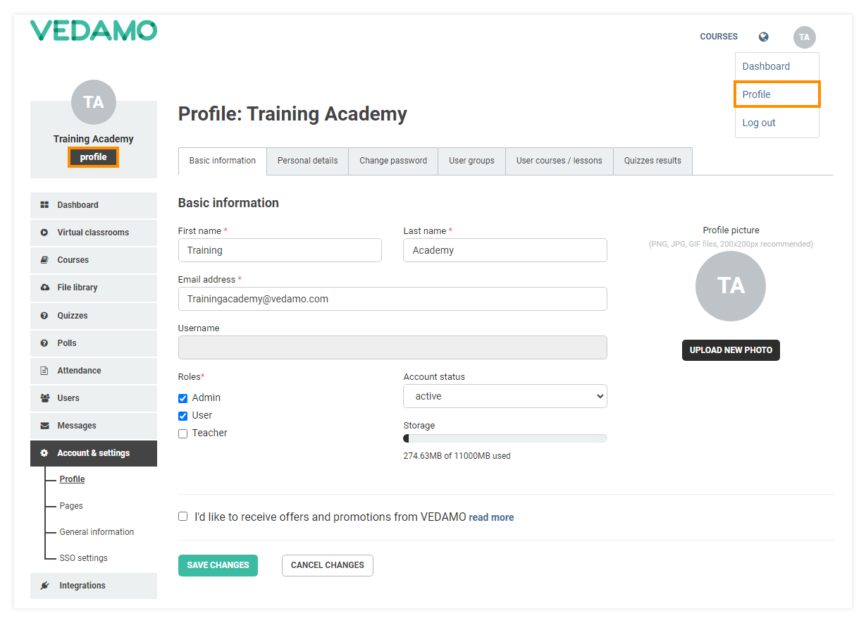 Click on Profile to open the Profile Settings menu Profile settings: Click on Profile to open the Profile Settings menu