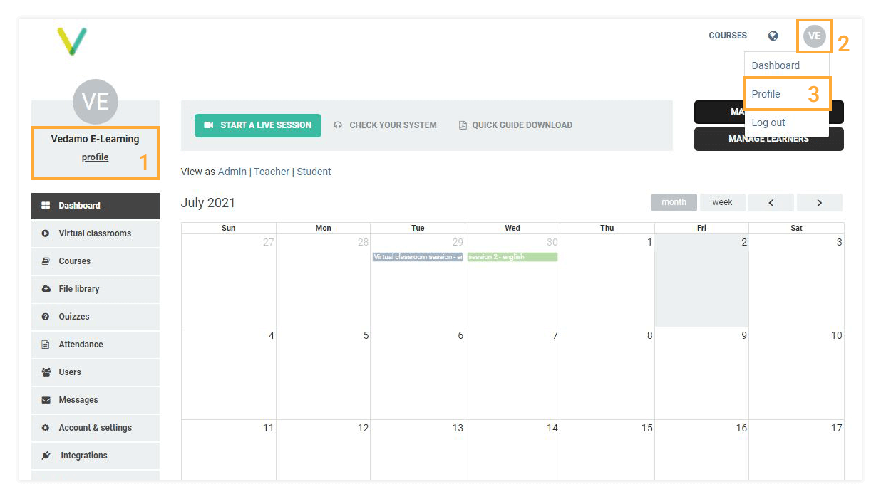 LMS Account and Settings LMS Account and Settings Profile button opens LMS account and settings