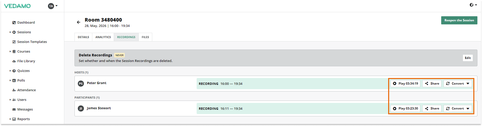 LMS Stand-Alone Virtual Classroom: Additional options in the recordings tab