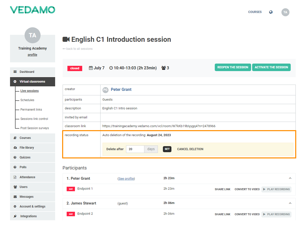 Interactive Recordings: Location of the individual session Auto Deletion menu