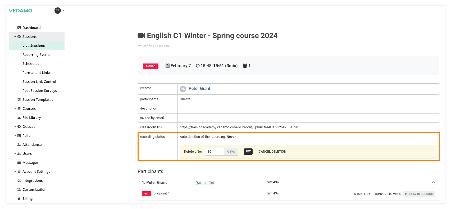 Interactive Recordings: Location of the individual session Auto Deletion menu