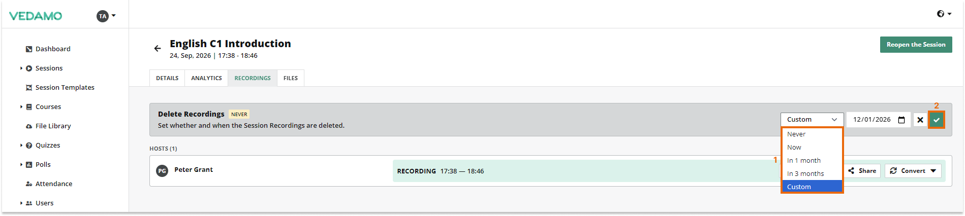 Interactive Recordings: Location of the individual session Auto Deletion menu