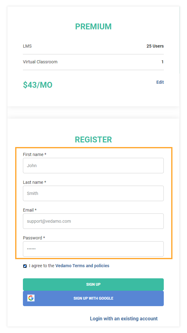 Account details Click Sign up to continue to the next page