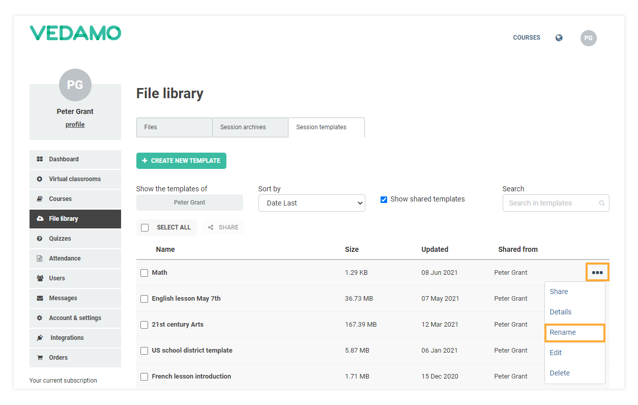 Templates management in the LMS: Rename a Template