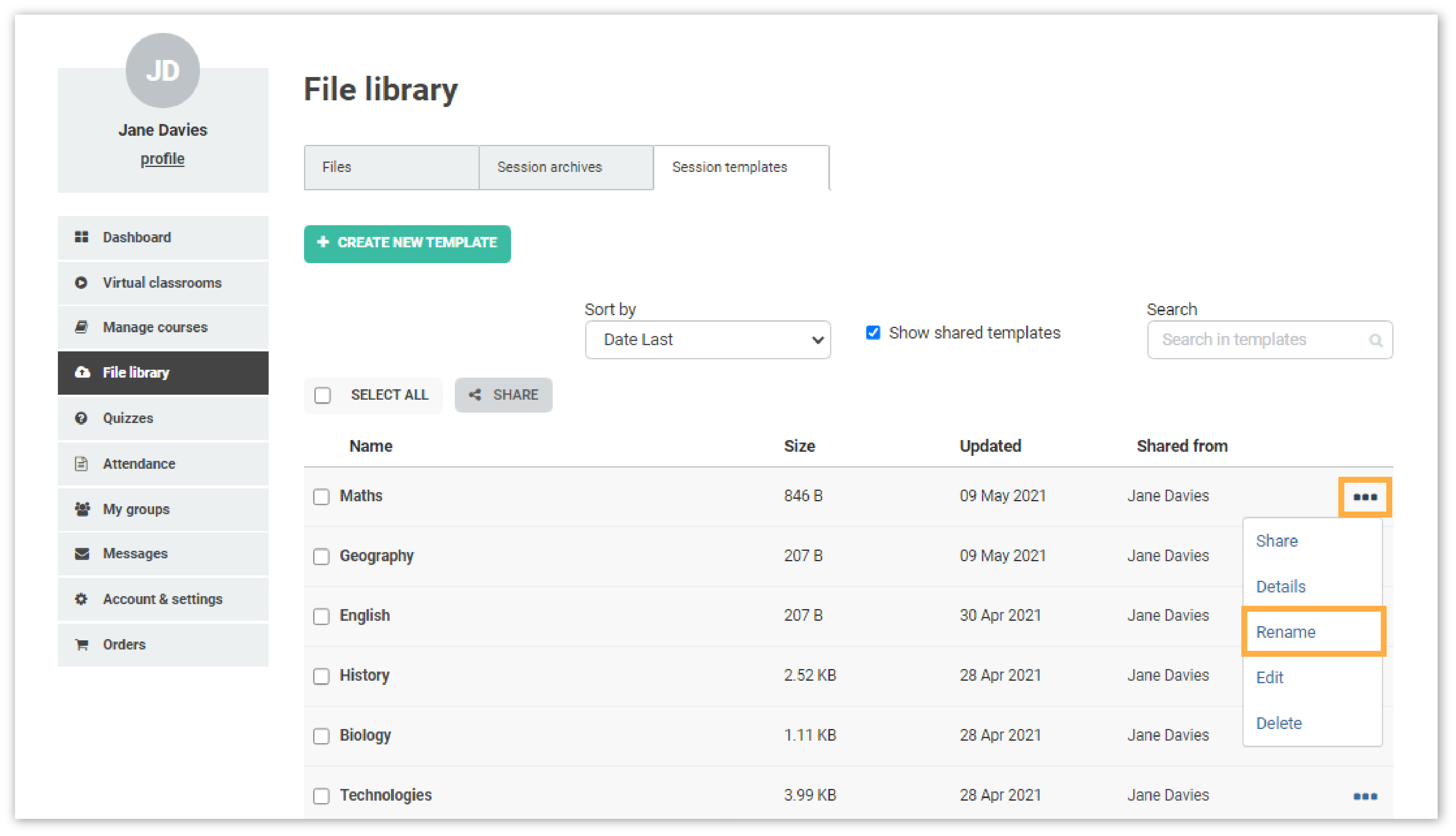 Virtual Classroom Templates: Rename a Template
