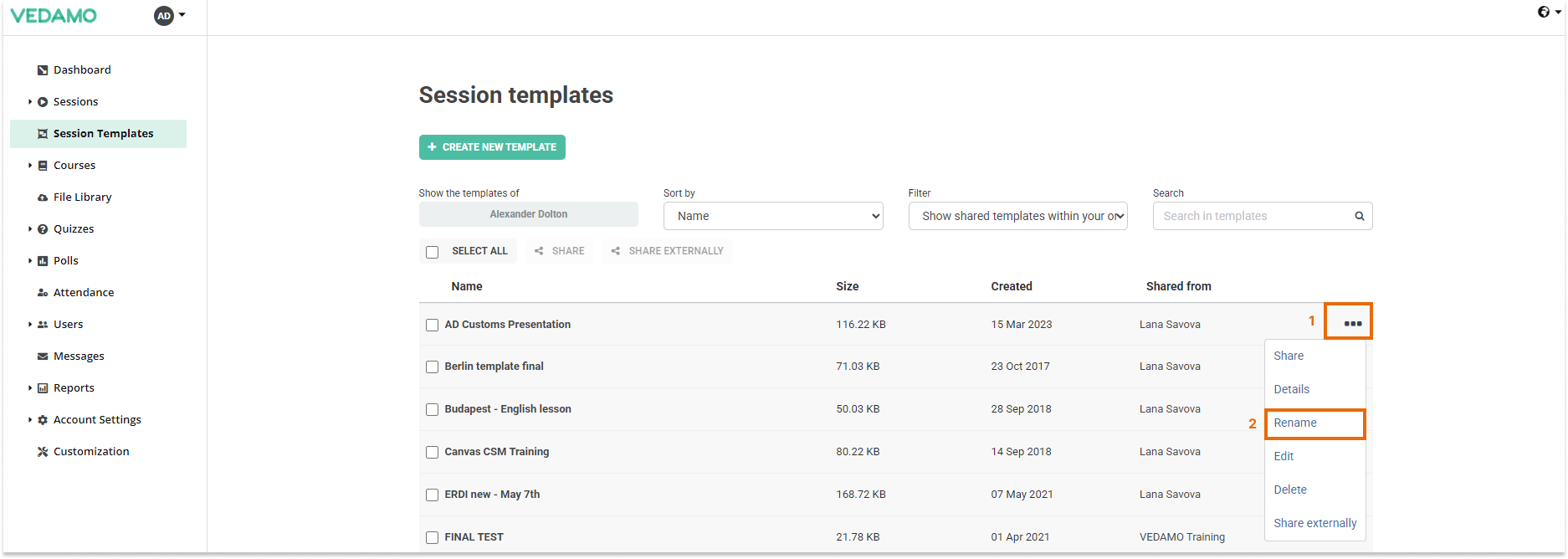 Templates management in the LMS: Rename a Template