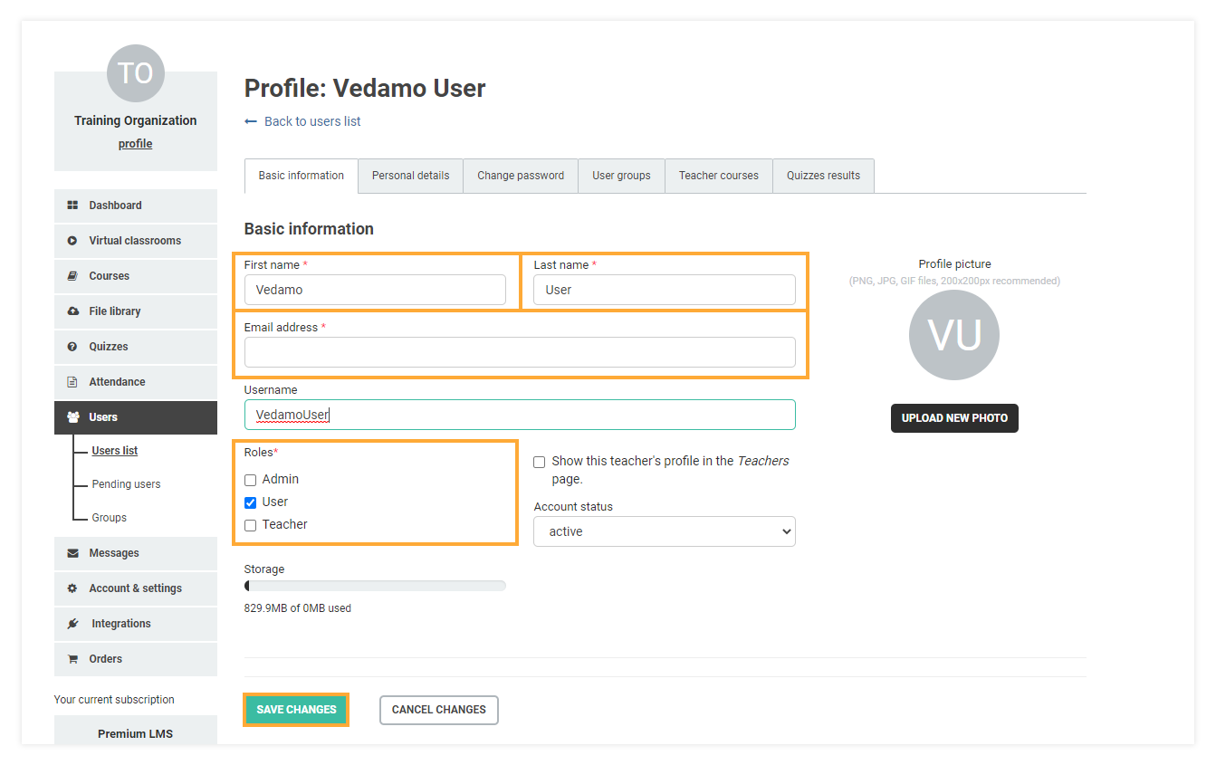 LMS Users administration: User profile