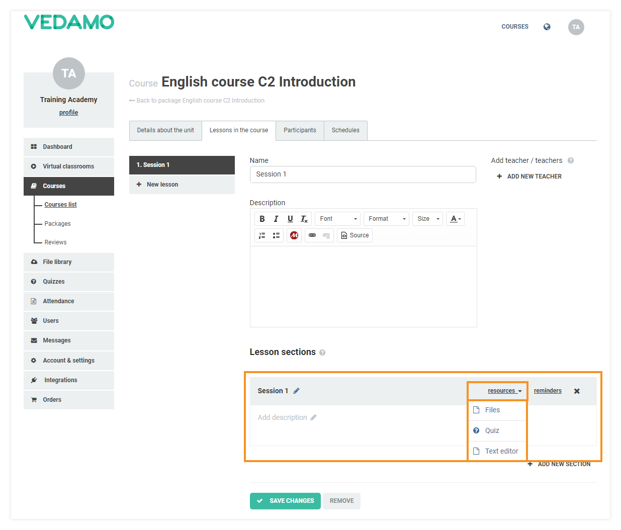 Add teachers, lessons and sections in LMS: You can add a recourse of your choice (file, quiz or plain text)