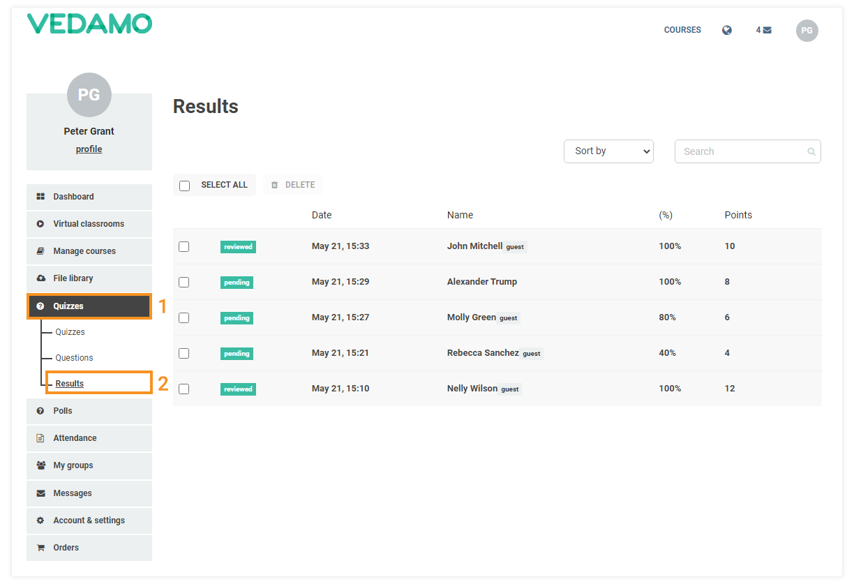 LMS Quizzes - Creation and Settings: Click on results to see the students` answers