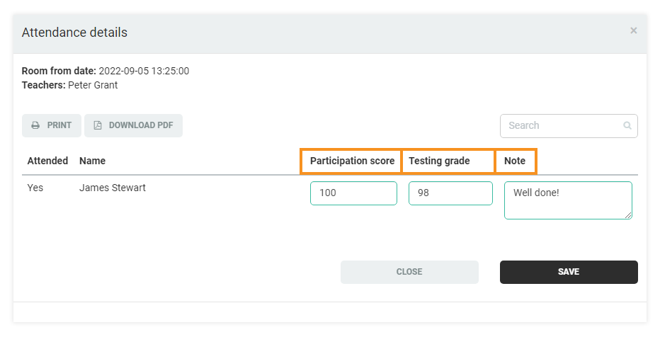 Participation score, testing grade and notes LMS Attendance Report: You can type in additional notes and give grades to each student individually according to how well they did
