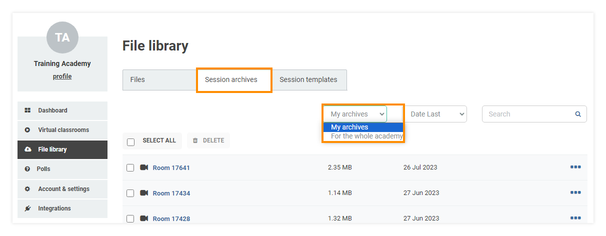 Room archives Virtual Classroom File Library: The Room Archives tab consists of all of your previous sessions recordings