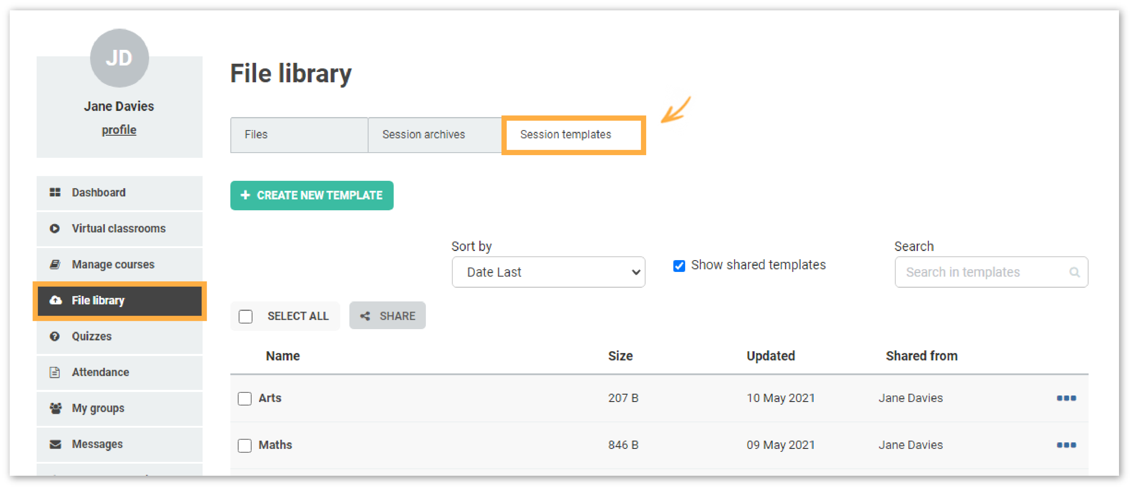 Virtual Classroom Templates: File library location of the session templates