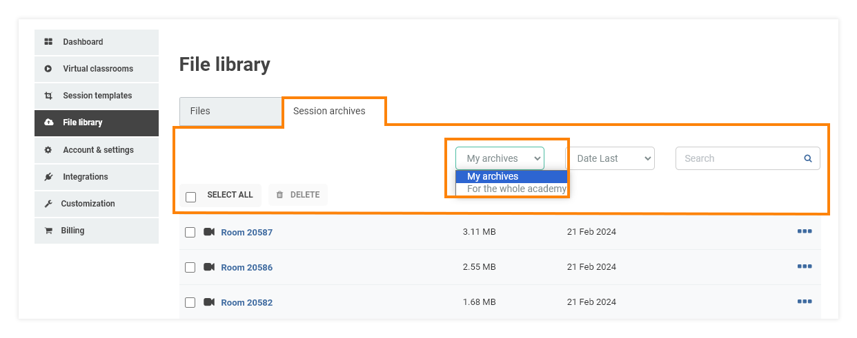 Virtual Classroom File Library: The Room Archives tab consists of all of your previous sessions recordings