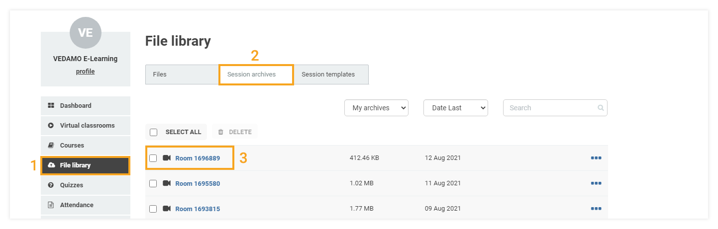 Interactive recordings: Location of the session archives in the File library tab
