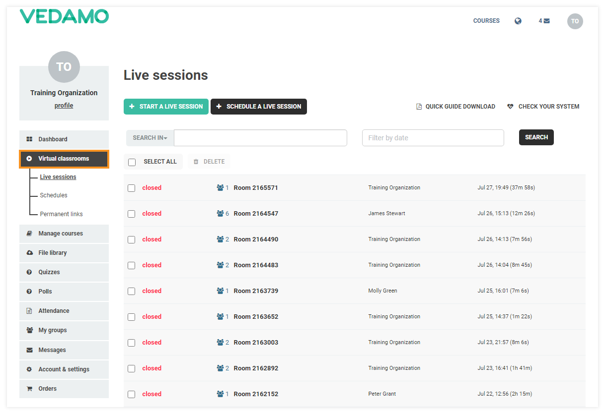 Stand-alone Virtual Classrooms in the LMS Stand-alone Virtual Classrooms in the LMS: The Virtual Classroom menu will open a list of past and ongoing Virtual rooms