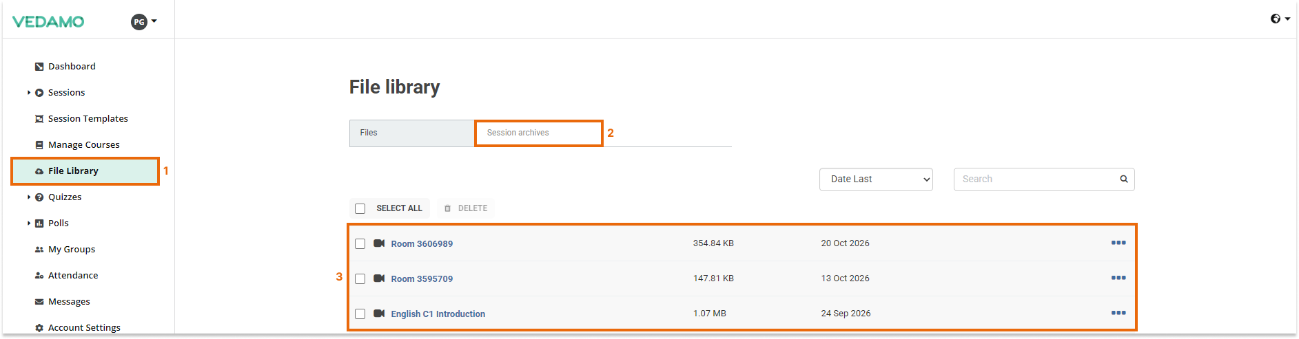 Interactive recordings: Location of the session archives in the File library tab