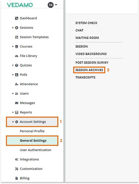 Interactive recordings: Go to General Settings to choose whether or not to have recordings of the virtual classroom sessions