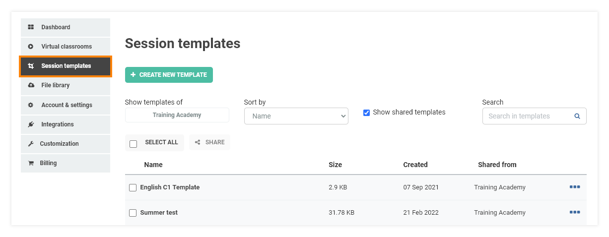 Virtual Classroom File Library: The Session templates tab consists of all of your previously created templates and materials