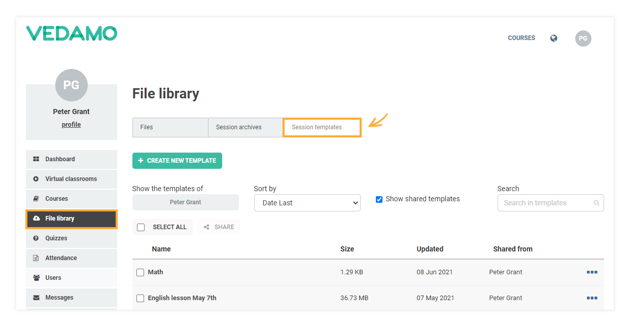 Templates management in the LMS: File library location of the session templates