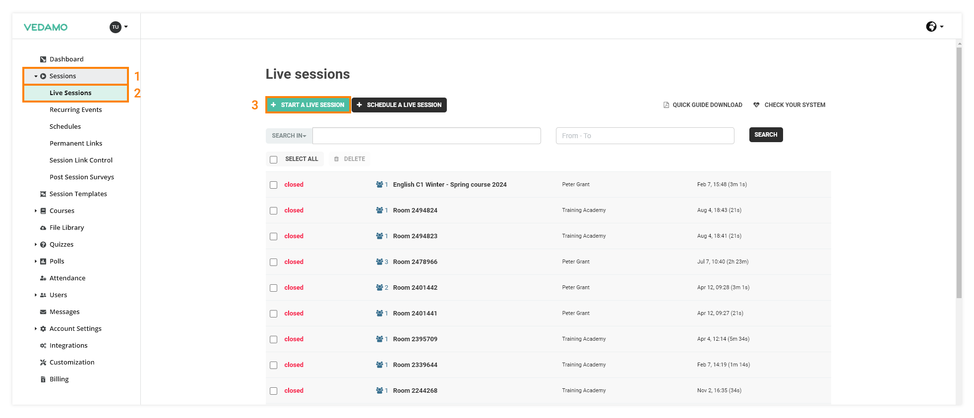 Virtual Classroom - Create a new room: Start a Live Session allows you to create a new Virtual Classroom