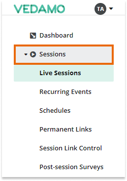 Stand-alone Virtual Classrooms in the LMS: Click Start a live session to open a Vedamo Stand-alone room