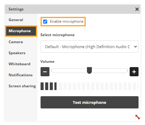 Microphone Settings Virtual Classroom Notifications and Permissions: Microphone Settings