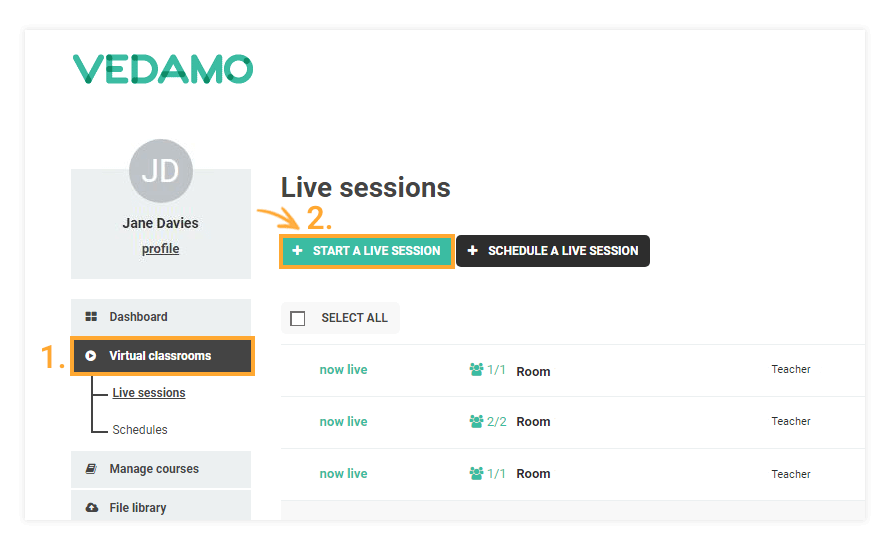 Virtual Classroom Templates: Start a new live session