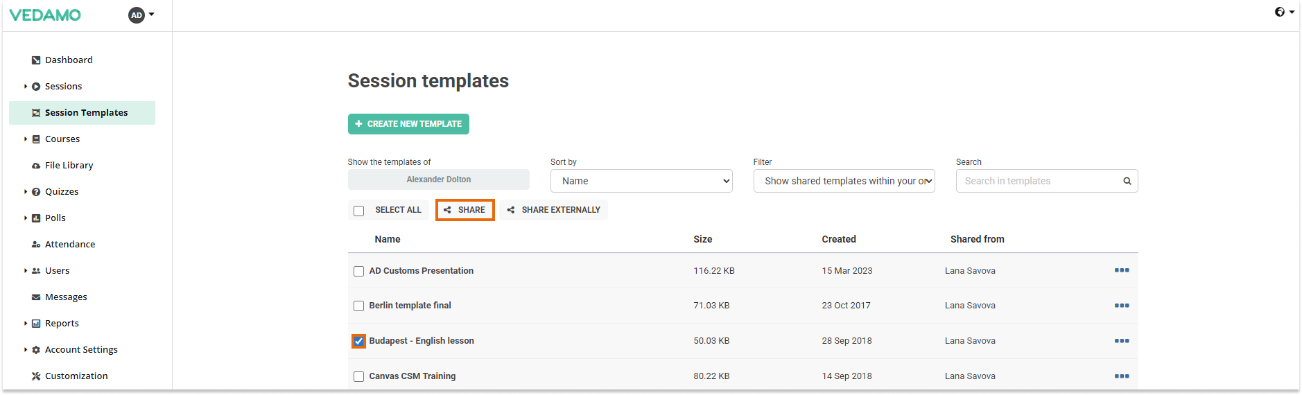 Templates management in the LMS: Virtual Classroom Templates: Share option