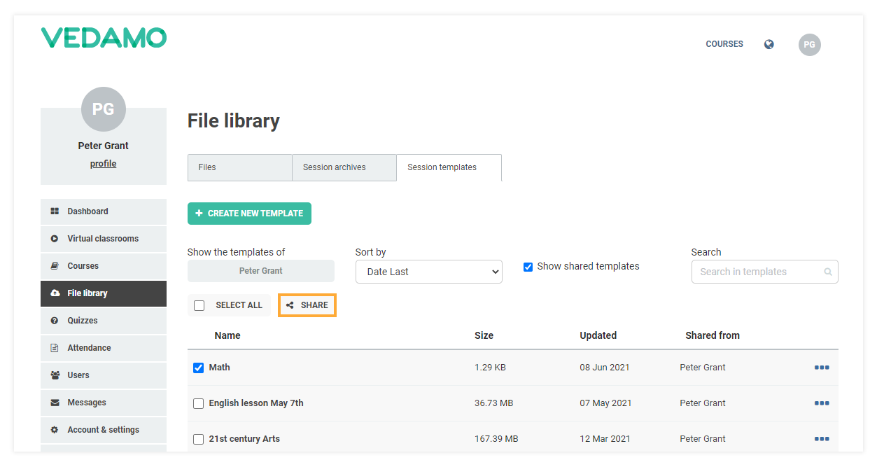 Templates management in the LMS: Virtual Classroom Templates: Share option