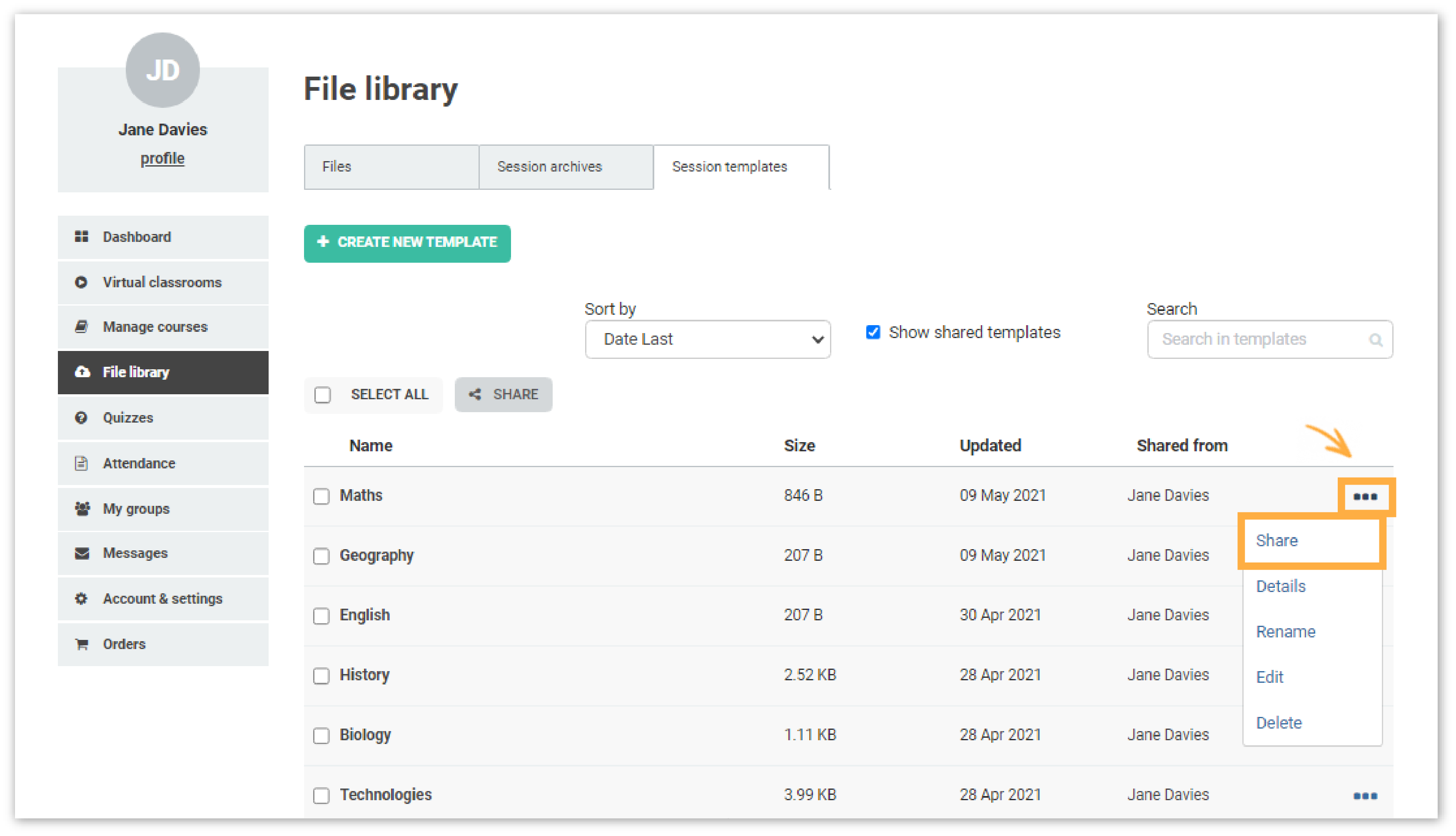 Virtual Classroom Templates: Share from the three dots