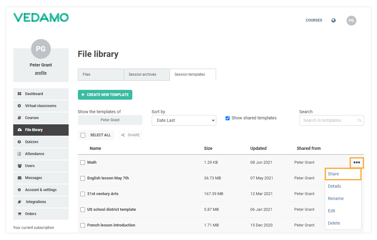 Templates management in the LMS: Share from the three dots