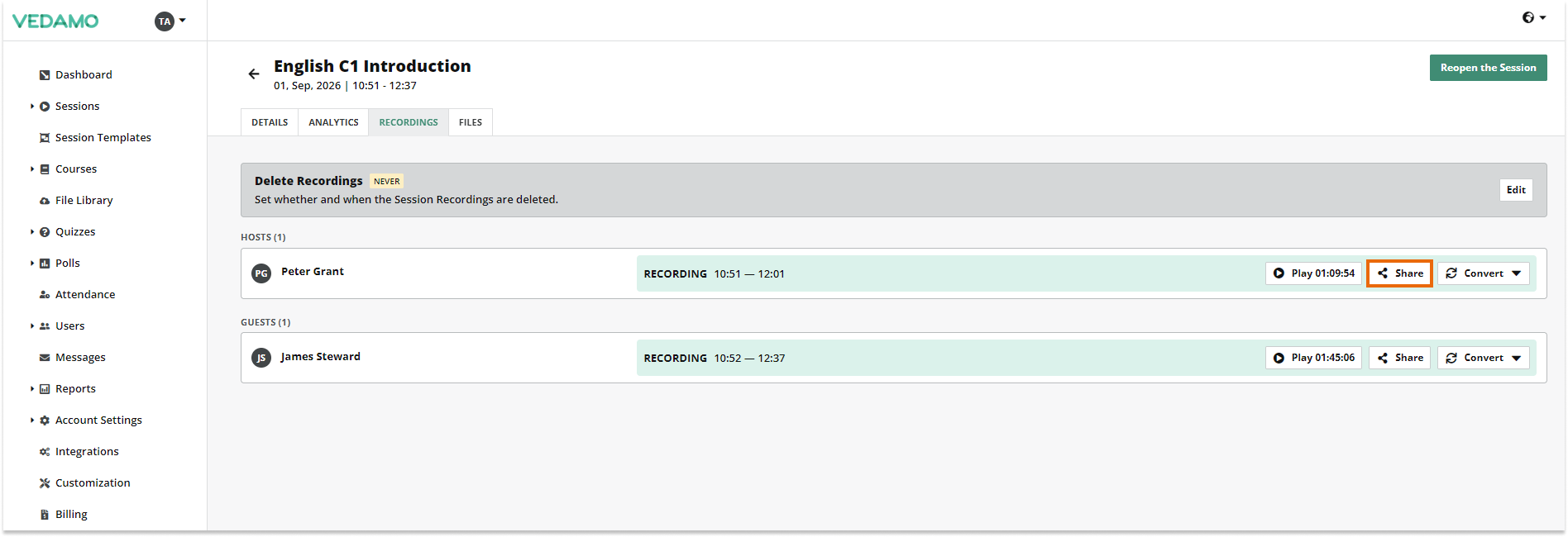 Interactive Recordings: Share Link button