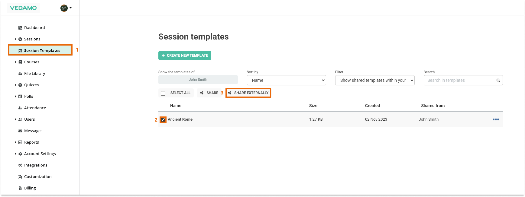 Templates management in the LMS: Select the template(s) before starting the sharing process