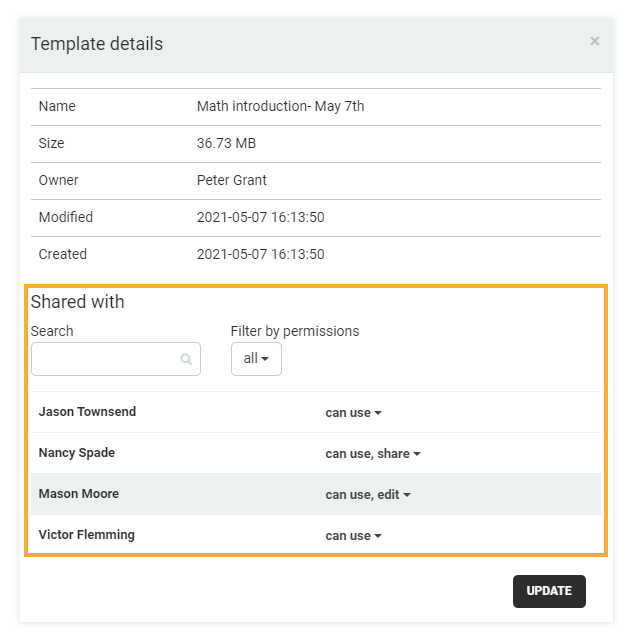 Templates management in the LMS: Template details