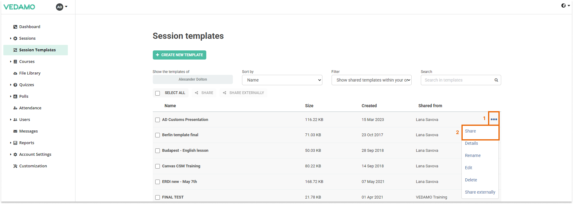 Templates management in the LMS: Share from the three dots menu