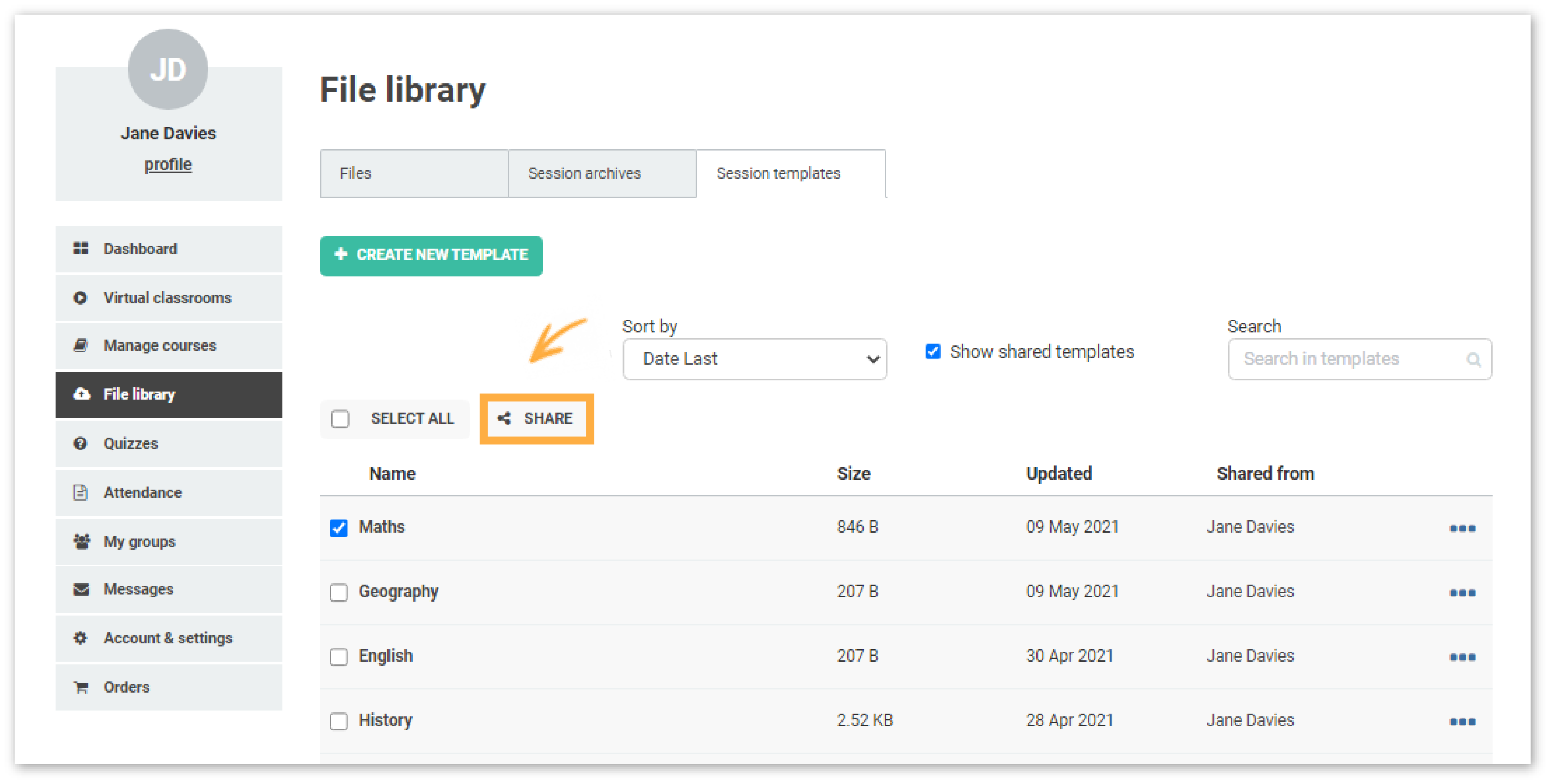 Virtual Classroom Templates: Share option