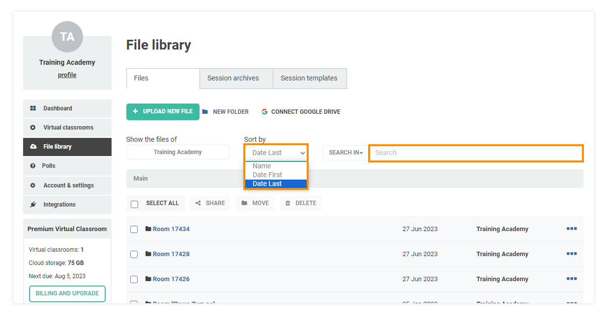 Date filters Virtual Classroom File Library: You can filter out files by different Name, Date, Size, and Type